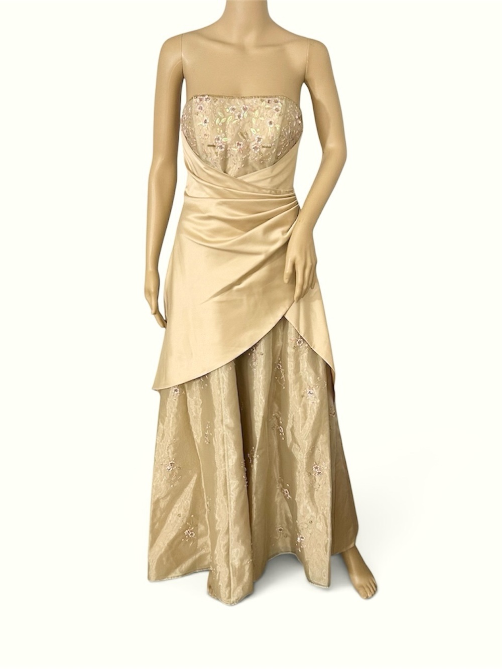 Morgan & Co. Women’s sz 3-4 gold evening gown asymmetrical draped satin overlay
